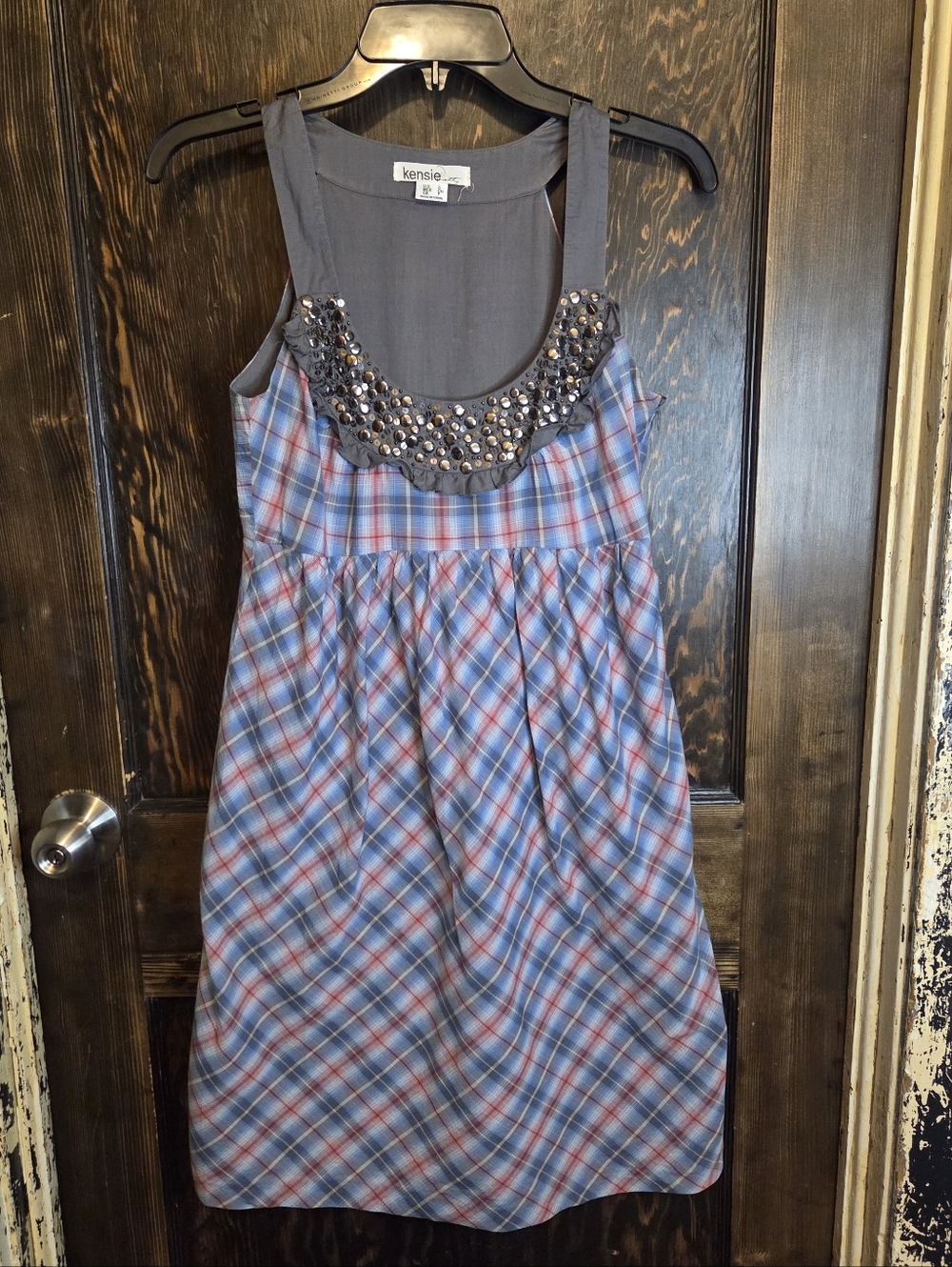 Kensie Blue/Gray/Red Plaid Sleeveless Baby Doll Dress w/ Embellished Neckline